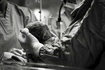Fototapeta premium Newborn Baby's First Moments with Doctor in Operating Room. World Prematurity day 17 november. Prematurity awareness month