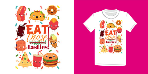Cute, tasty, yummy junk food design with soda can, hotdog, taco, doughnut, burger, ice cream pizza and waffle. Scalable vector file. 