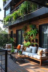 Fototapeta premium a stylish balcony is adorned with elegant furniture and lush greenery, creating a serene outdoor retreat 