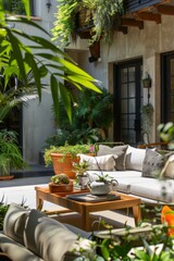 Fototapeta premium a stylish balcony is adorned with elegant furniture and lush greenery, creating a serene outdoor retreat 