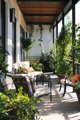 a stylish balcony is adorned with elegant furniture and lush greenery, creating a serene outdoor retreat
