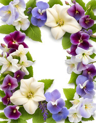 Portrait image of lavender jasmine lily hollyhocks pansy and periwinkle flowers border frame