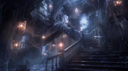 Creepy Old Haunted Mansion with a Big Staircase, Dimly Lit, Lots of Lanterns, Cobwebs, and Dust.