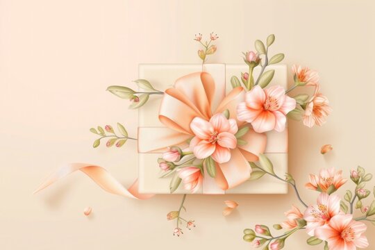 Elegant Floral Gift Box with Pastel Ribbons and Blooms on Beige Background