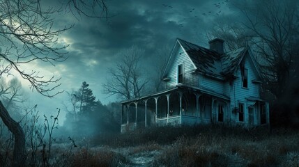 A spooky, old house sits on a grassy hill at night. The sky is dark and full of bats. The ground is covered in tall grass and there are bare trees nearby.