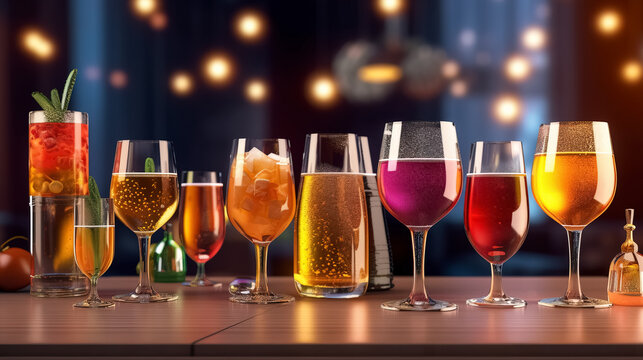 Different alcohol drinks set - beer, wine, cocktail, juice, champagne, scotch, soda are placed on the counter bar in the restaurant