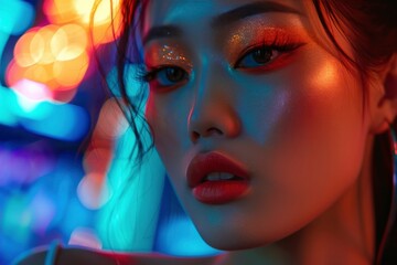 Close-up portrait of a young Asian woman with sparkling makeup in neon nightlife lighting.