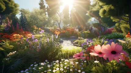 Fototapeta na wymiar Beautiful Fabulous mystical Paradise Garden, mysterious Fairy Tale Summer floral Background