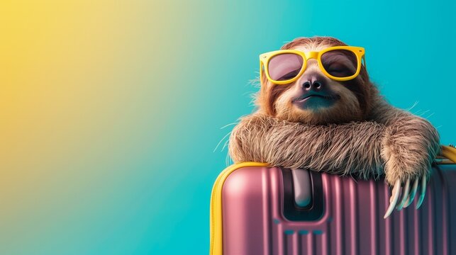 A cute sloth sleeps on a suitcase with yellow sunglasses. Studio photo with yellow and blue background. Minimalistic concept photo. Vacation time. Summer. Trip