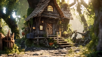 Fantasy home of tiny wood dweller, macro view of fairy tale hut