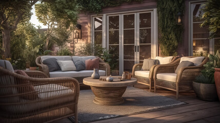 Beautiful backyard patio area with wicker furniture set