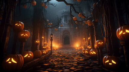 Jack O Lanterns pumpkins and candles glowing at spooky mysterious castle - obrazy, fototapety, plakaty