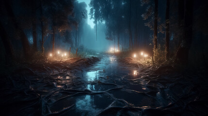 Fantasy forest at night, magic glowing path and lights in fairytale wood