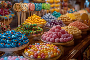 Lollipops in all different kinds of colors alongside trays upon trays of candy in all shapes, colors and sizes - obrazy, fototapety, plakaty