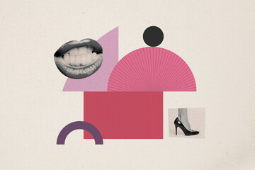 Composite photo collage of parts body mouth grinning teeth dentistry examine lips feet heels glamour lady isolated on painted background
