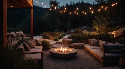 Beautiful modern outdoor patio with a fire pit - obrazy, fototapety, plakaty