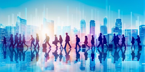 Double exposure image of many business people conference group meeting on city office building in background