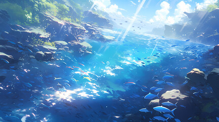 Fototapeta na wymiar Sparkling Underwater View with Fishes and Sunlight illustration