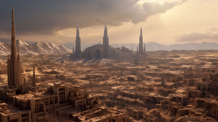 City in the desert, with towering structures - obrazy, fototapety, plakaty