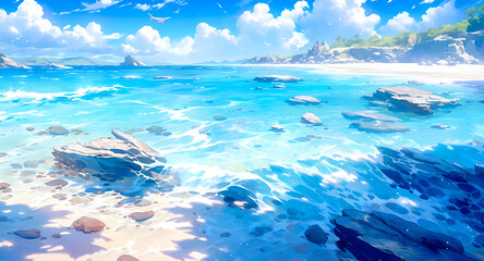 Fototapeta na wymiar Tropical Beach Paradise in Watercolor Style Illustration