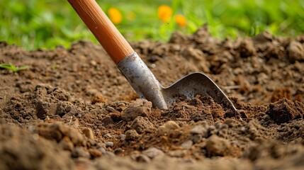 Garden shovel shown in the ground for soil preparation. Illustrating farming garden work, soil digging, and spade soil shovel activities.