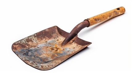 Image of a rusty old shovel with a wooden handle, isolated on a white background.