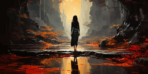 woman walks on a branch on a stream and looks at the monoliths in the forest, digital art style, illustration painting - obrazy, fototapety, plakaty