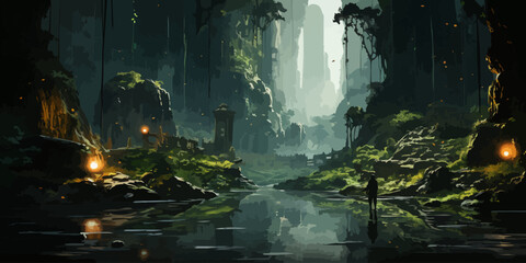 woman walks on a branch on a stream and looks at the monoliths in the forest, digital art style, illustration painting