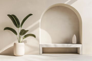 Modern minimalist arch display platform with vibrant green potted plant . A simple elegant smooth interior shapes with soft shadows in a room bathed in natural light