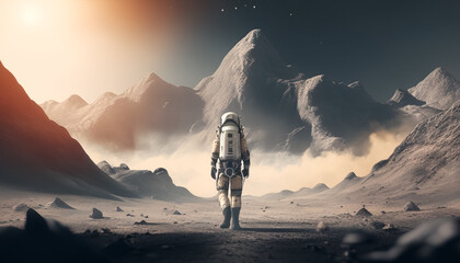 A spaceman walking through a misty distant planet. surreal mystical fantasy artwork - obrazy, fototapety, plakaty