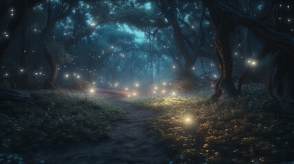 Fantasy forest at night, magic lights and fireflies in fairytale wood