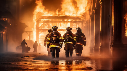 Firefighters work on fire. firemen walk in building - obrazy, fototapety, plakaty