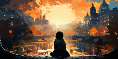 woman sitting outside against the futuristic city scene in the background vector flat bright colors