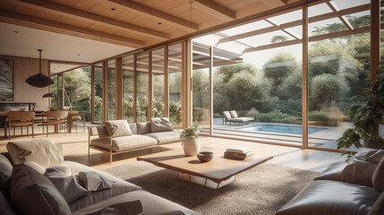 Beautiful interior of a modern villa, view from veranda - obrazy, fototapety, plakaty