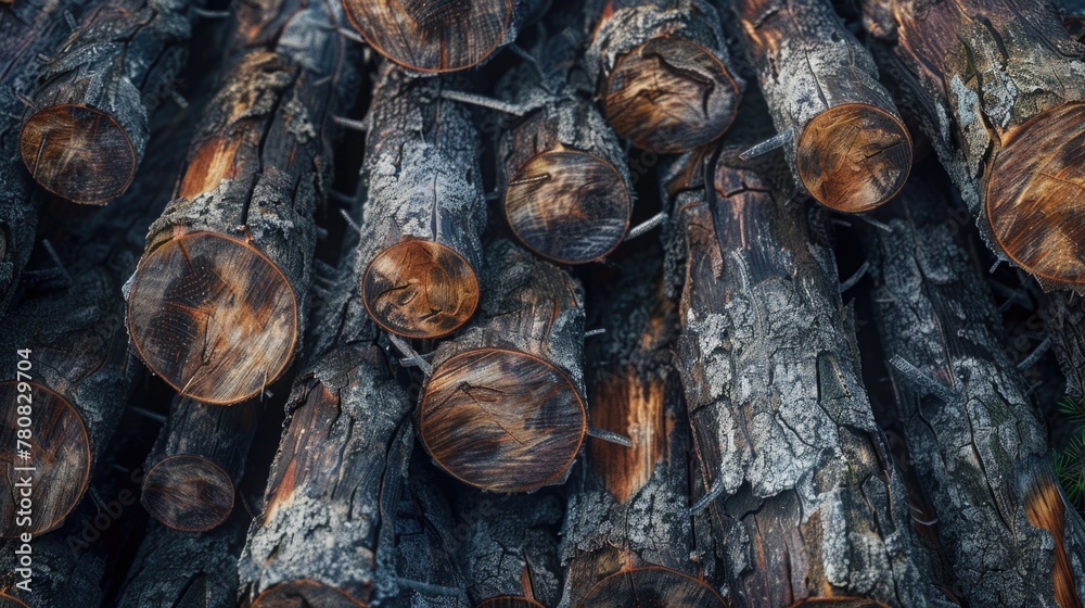 Poster a detailed close up of a pile of logs, suitable for various design projects
