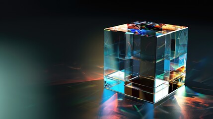 Abstract 3D Render of a Glass Cube on a Black Background