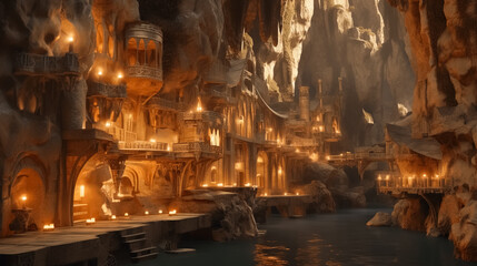Underground city with river and rooms, fantasy of lost cave town