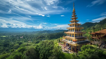 Harmony and Heritage: A Thai Temple Amidst Nature: A breathtaking view of a Thai temple standing...