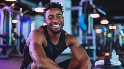 Fototapeta na wymiar A Smiling Man Resting at Gym