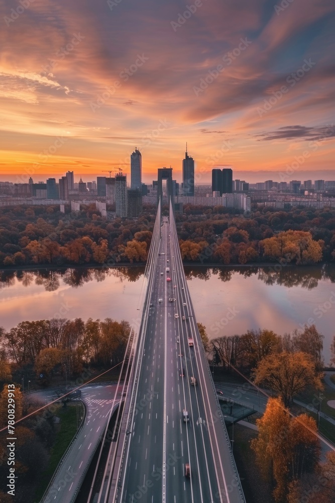 Poster A bridge spanning over a river with a city skyline in the background. Suitable for urban and architecture concepts