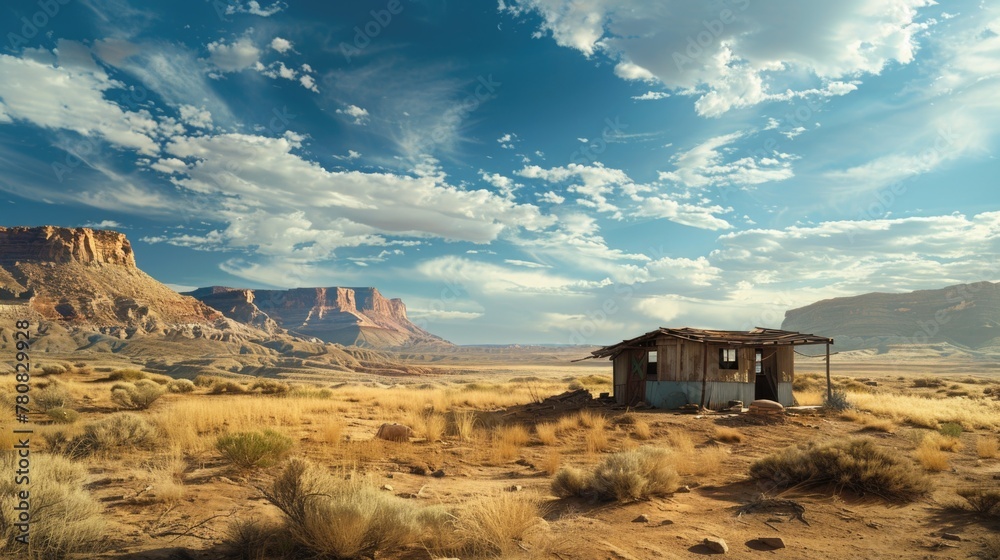 Poster a small house isolated in the vast desert. perfect for illustrating isolation and solitude