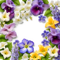 Square image view of wide lavender jasmine lily hollyhocks pansy and periwinkle flowers border frame