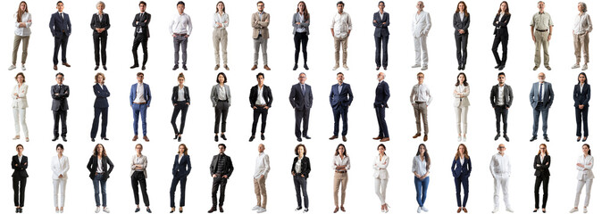 Many business people set isolated background, casual formal attire wear, full body length, networking mixed different diversed businesspeople, happy male female, successful career, crisp edges style - obrazy, fototapety, plakaty