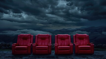 Four Red Leather Cinema Chairs in a Dark Auditorium, Stormy Sky and Mountains in the Background