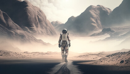 A spaceman walking through a misty distant planet. surreal mystical fantasy artwork - obrazy, fototapety, plakaty