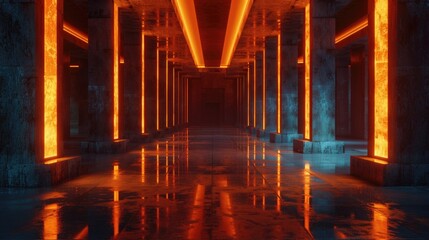 A long hallway illuminated by warm orange lights. Perfect for interior design projects
