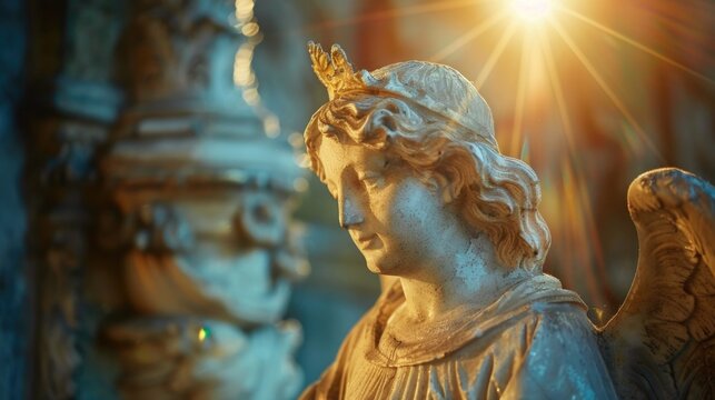 A majestic angel statue wearing a crown. Perfect for religious or royal-themed designs