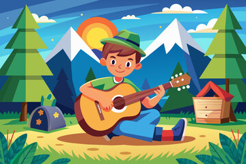 child plays the guitar at a children's camp