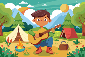 child plays the guitar at a children's camp
