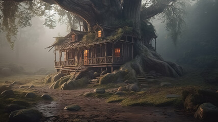 Fantasy house in misty forest, fairy tale hut in tree trunk - obrazy, fototapety, plakaty